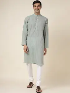 Fabindia Pintucks Thread Work Mandarin Collar Slim Fit Cotton Long Straight Kurta