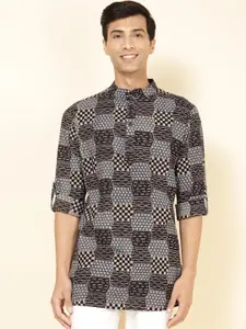 Fabindia Geometric Band Collar Roll-Up Sleeves Cotton Straight Short Kurta