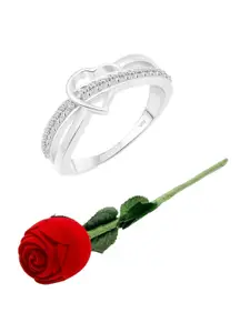 Vighnaharta Rhodium Plated CZ-Studded Finger Ring With Rose Flower Box