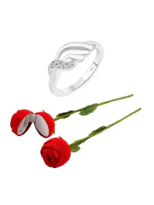 Vighnaharta Rhodium-Plated Cubic Zirconia-Stone Studded Floral Finger Ring With Rose Box