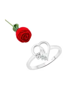 Vighnaharta Rhodium-Plated Cubic Zirconia-Studded Heart Design Finger Ring With Rose Box