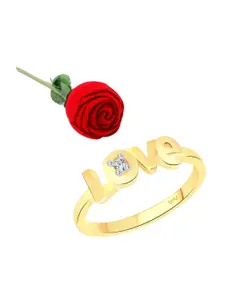 Vighnaharta Gold-Plated Cubic Zirconia-Studded Finger Ring With Rose Ring Box