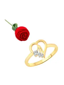 Vighnaharta Gold-Plated CZ-Studded Finger Ring With Rose Flower Box