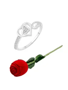 Vighnaharta Rhodium-Plated Cubic Zirconia-Studded Heart Design Finger Ring With Rose Box