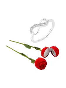 Vighnaharta Rhodium-Plated CZ-Stone Studded Infinity Design Finger Ring With Rose Box