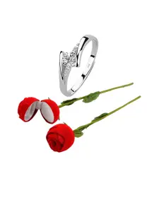 Vighnaharta Rhodium-Plated Cubic Zirconia-Studded Finger Ring With Rose Box
