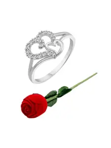 Vighnaharta Rhodium-Plated CZ-Stone Studded Heart Design Finger Ring With Rose Box