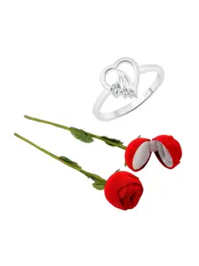 Vighnaharta Rhodium-Plated Cubic Zirconia-Studded Heart Design Finger Ring With Rose Box