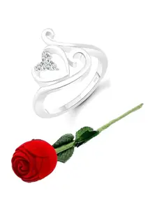 Vighnaharta Rhodium-Plated Cubic Zirconia-Studded Finger Ring With Rose Ring Box