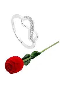 Vighnaharta Rhodium-Plated CZ-Stone Studded Infinity Design Finger Ring With Rose Box