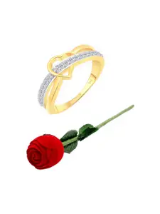 Vighnaharta Gold-Plated Cubic Zirconia-Studded Heart Design Finger Ring With Rose Box