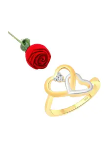 Vighnaharta Gold-Plated CZ-Stone Studded Dual Heart Design Finger Ring With Rose Box