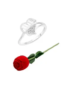 Vighnaharta Rhodium-Plated CZ-Stone Studded Heart Design Finger Ring With Rose Box