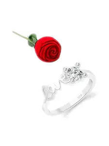 Vighnaharta Rhodium-Plated CZ-Stone Studded Love Design Finger Ring With Rose Box