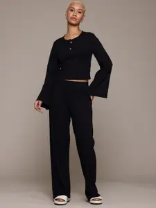 The Roadster Lifestyle Co. Ribbed  Top with Trousers Co-Ord Set