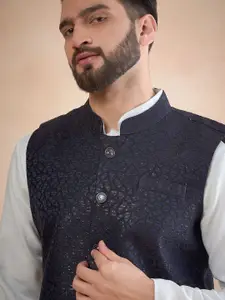 House of Pataudi Jacquard Woven Design Nehru Jacket with Sequinned Work