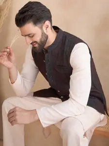 House of Pataudi Jacquard Woven Design Mandarin Collar Nehru Jacket