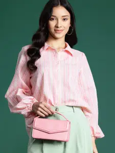 DressBerry Striped Puff Sleeves Textured Casual Shirt