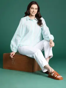 DressBerry Striped Puff Sleeves Textured Casual Shirt