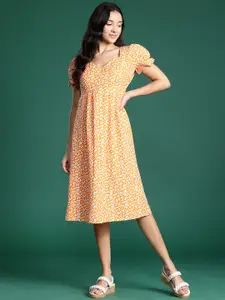 DressBerry Printed Puff Sleeves Fit & Flare Midi Dress