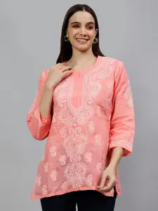 Seva Chikan Floral Embroidered Straight Terivoil Cotton Lucknowi Chikankari Kurti