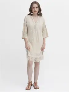RAREISM Self Design V-Neck Fringed Cotton A-Line Dress