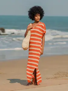 RAREISM Striped V-Neck Short Sleeves Cotton Maxi Dress