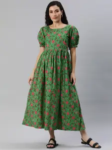Swishchick Floral Print Puff Sleeves Maternity A-Line Midi Dress