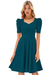 ODETTE Sweetheart Neck Puff Sleeve Acrylic Fit & Flare Dress