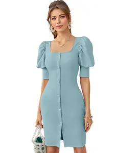 ODETTE Square Neck Puff Sleeve Acrylic A-Line Dress