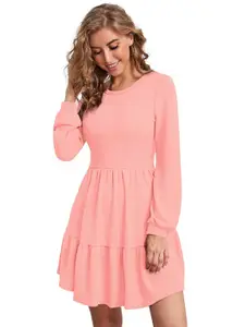 ODETTE Cuffed Sleeves Fit & Flare Acrylic Dress