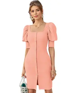 ODETTE Square Neck Puff Sleeve Sheath Dress