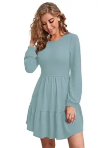 ODETTE Puff Sleeve Acrylic Fit & Flare Dress