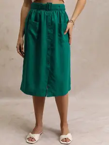 Tokyo Talkies Women Solid Buttoned Midi Skirt