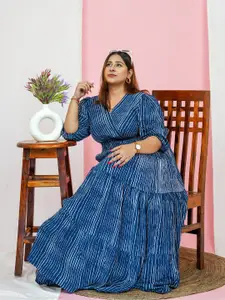 DEEBACO Plus Size Striped Puff Sleeves Smocked Tiered Maxi Dress