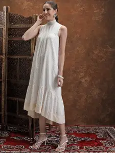 Vishudh Women Solid High Neck Ruffles A-Line Dress