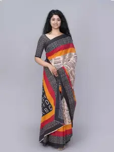 KIAARON Ethnic Motifs Printed Cotton Linen Block Print Saree