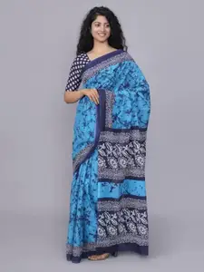 KIAARON Tie and Dye Cotton Linen Block Print Saree