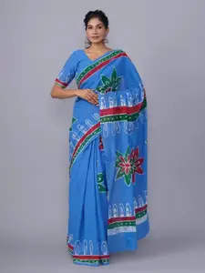 KIAARON Ethnic Motifs Printed Cotton Linen Block Print Saree