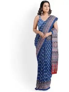 KIAARON Ethnic Motifs Pure Cotton Block Print Saree