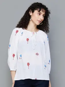 Colour Me by Melange Floral Embroidered Tie-Up Neck Cotton Top