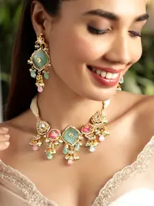 Rubans 22K Gold-Plated Kundan-Studded & Beaded Choker Necklace And Earrings