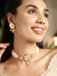 Rubans 22K Gold-Plated Kundan-Studded & Beaded Choker  Necklace And Earrings