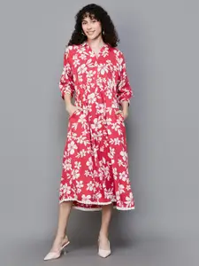 Colour Me by Melange Floral Printed Cuff Sleeves Shirt Collar A-Line Midi Dress