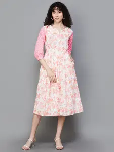 Colour Me by Melange Floral Printed Tie Up Cotton Fit & Flare Midi Dress