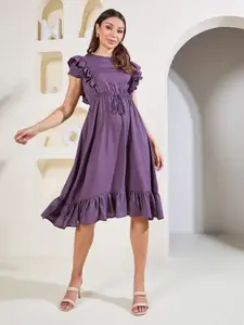 Styli Purple Round Neck Short Sleeves Ruffled Waist Tie Up Fit & Flare Dress