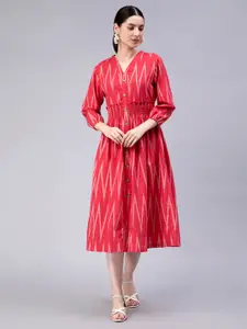 ENTELLUS Geometric Printed V-Neck Smocked Cotton A-Line Midi Dress