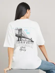 Styli Off White Typography Printed Drop-Shoulder Sleeves Oversized Pure Cotton T-shirt