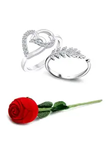 Vighnaharta Set Of 2 Rhodium-Plated Cubic Zirconia-Studded Finger Ring With Rose Box