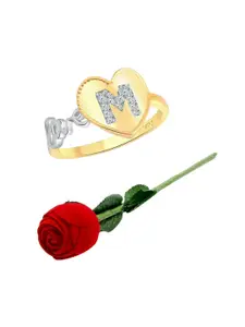 Vighnaharta Gold-Plated Cubic Zirconia Studded M Letter Finger Ring With Rose Box